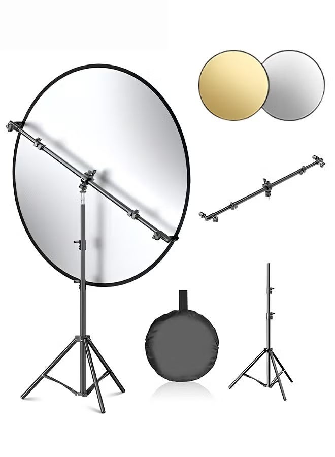 EETU Reflector Holder,Retractable Reflector Stand Arm with 2.1 Meter Tripod Light Stand and 2pcs 80cm Gold and Silver Reflectors for Product Portrait Studio Outdoor Photography - Image 1